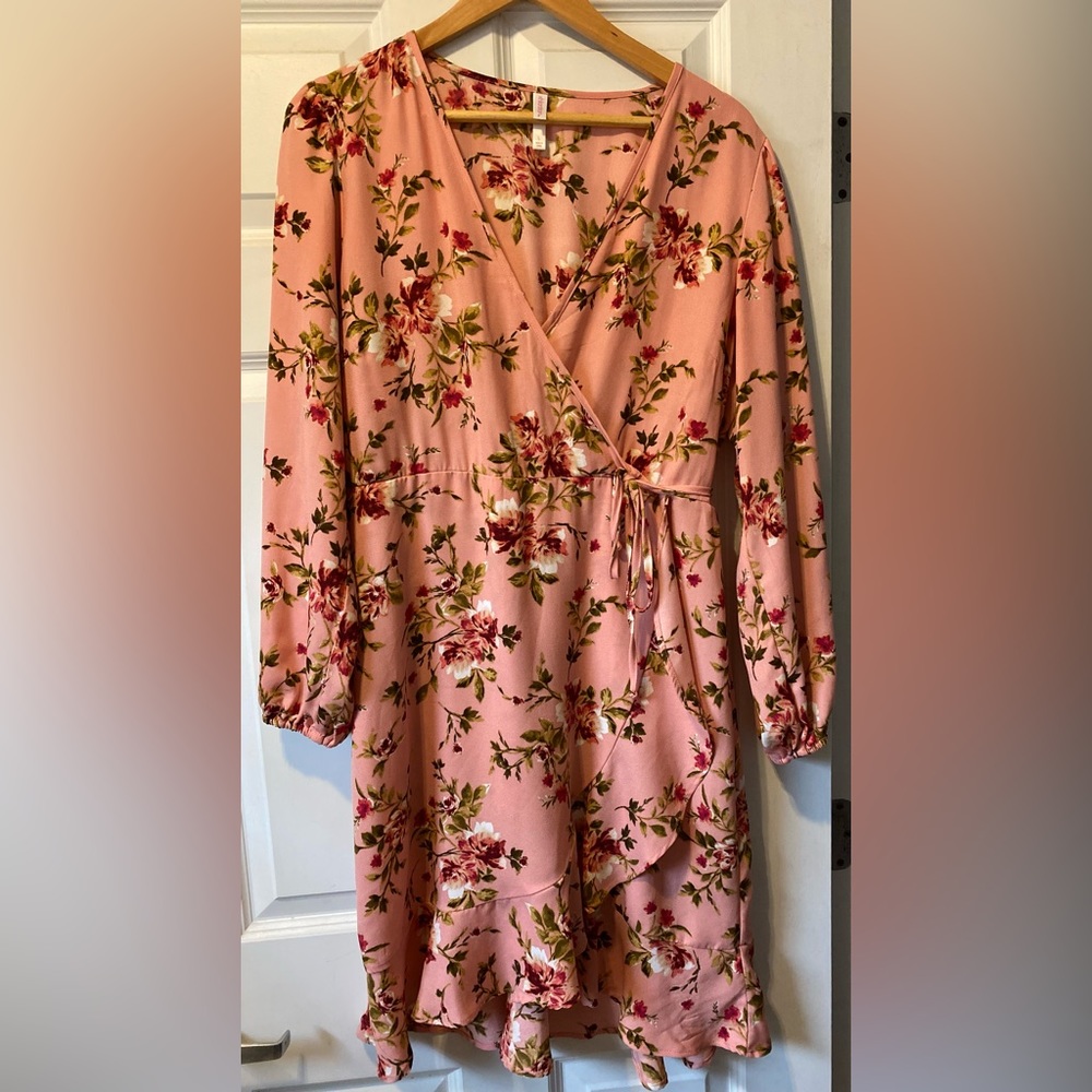 Long Sleeve V Neck Pink Floral Wrap Xhilaration Dress